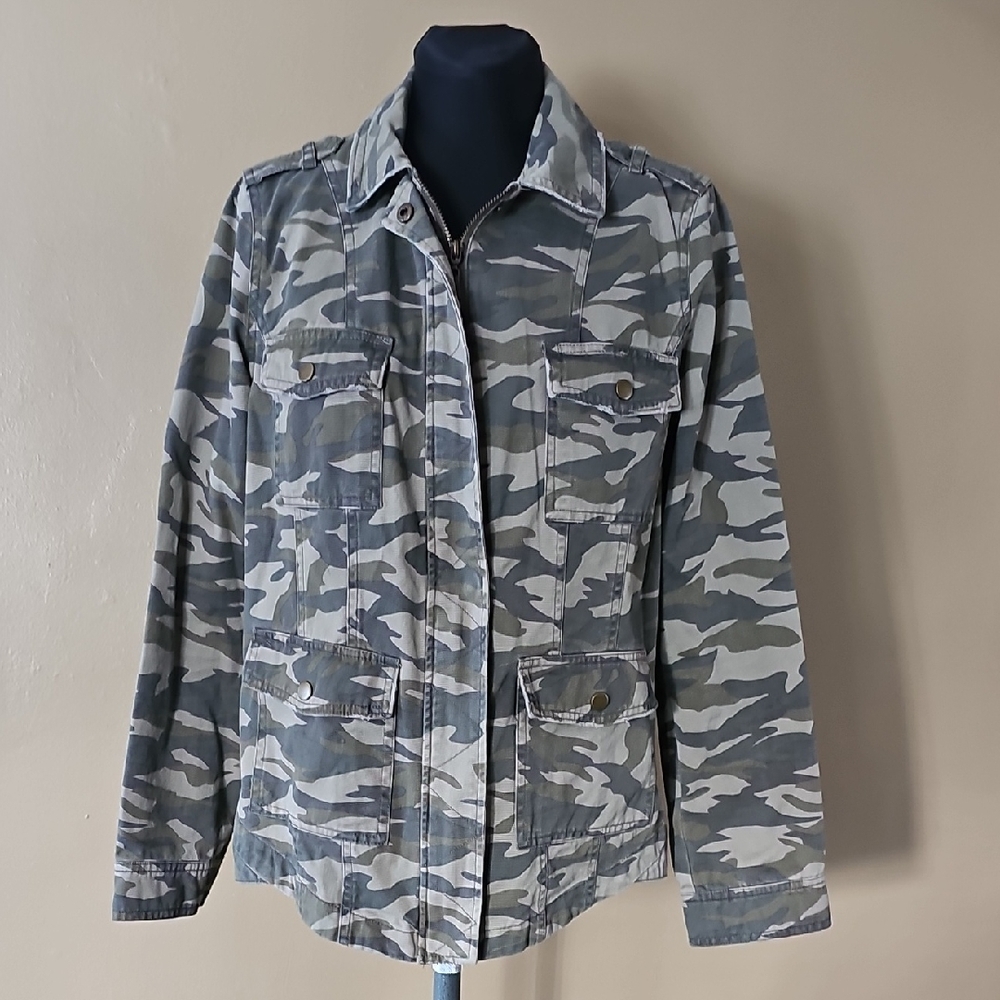 Mudd Camo Full Zip & Snap Military Style Utility Jean Jacket Women's Size Large